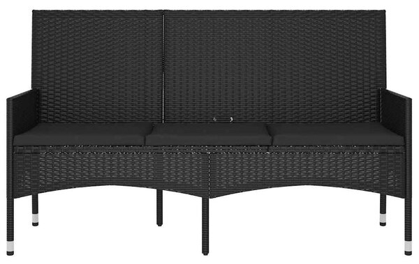 Fekete 3 személyes polyrattan kerti pad párnával