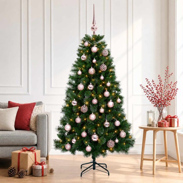 Műkarácsonyfa gömbökkel 120 cm 150 LED Meleg fehér PVC és fém