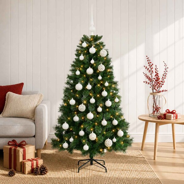 Műkarácsonyfa díszgömbbel 120 cm 150 LED Meleg fehér PVC és fém
