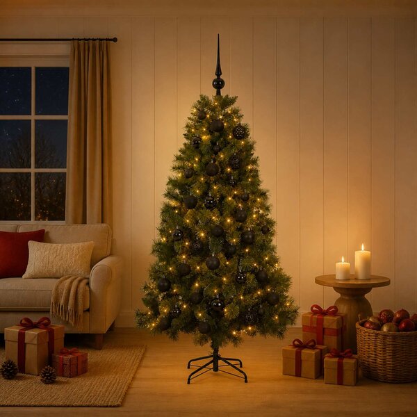 Műkarácsonyfa gömbbel 120 cm 150 LED Meleg fehér PVC és fém