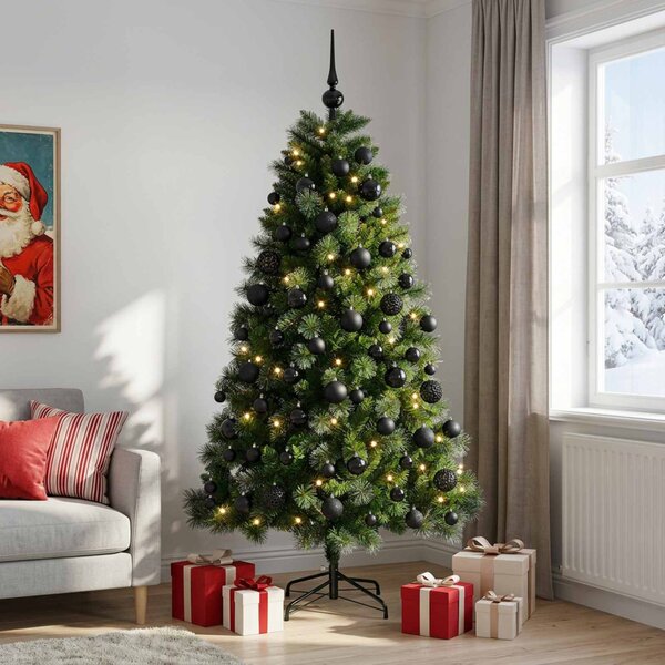 Műkarácsonyfa díszgömbbel 180 cm 300 LED Meleg fehér PVC és fém