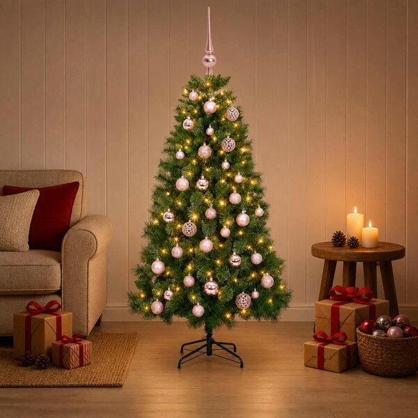 Műkarácsonyfa gömbökkel 120 cm 150 LED Meleg fehér PVC és fém