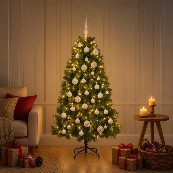 Műkarácsonyfa díszgömbbel 120 cm 150 LED Meleg fehér PVC és fém