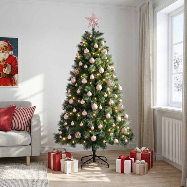 Műkarácsonyfa gömbdísszel 180 cm 300 LED Meleg fehér PVC és fém