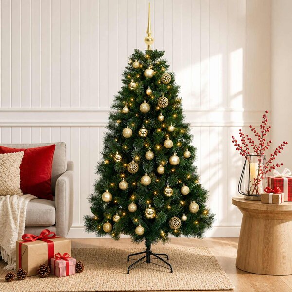 Műkarácsonyfa gömbdísszel 120 cm 150 LED Meleg fehér PVC és fém