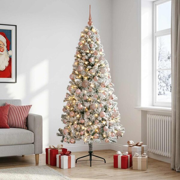 Műkarácsonyfa gömbbel 210 cm 300 LED Meleg fehér PVC és fém
