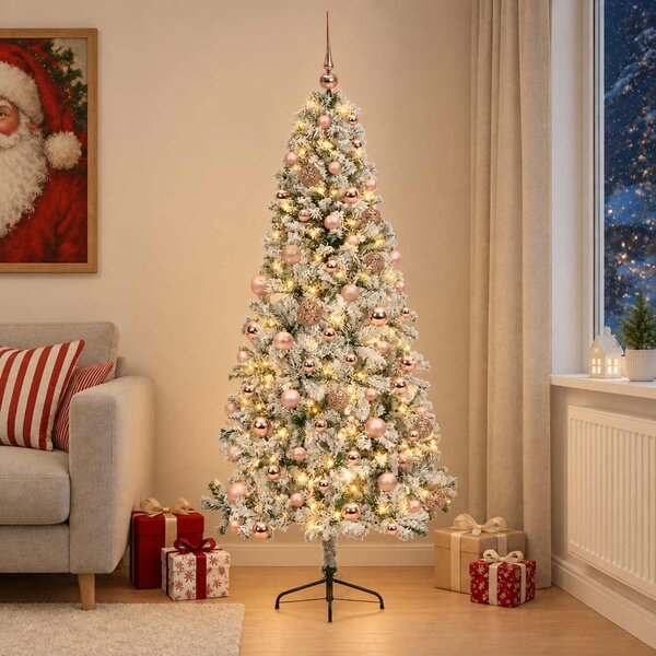 Műkarácsonyfa gömbbel 210 cm 300 LED Meleg fehér PVC és fém