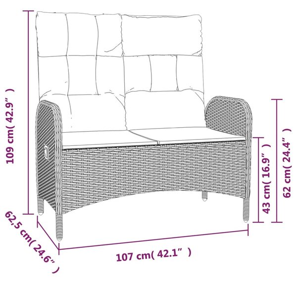 Fekete polyrattan dönthető kerti pad párnákkal 107 cm