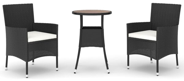 3 részes fekete polyrattan kerti bisztrógarnitúra párnákkal