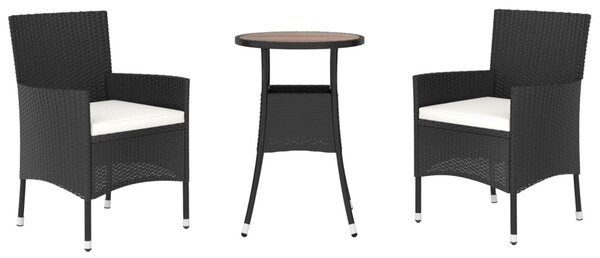 3 részes fekete polyrattan kerti bisztrógarnitúra párnákkal