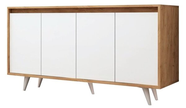 Komód, 140 cm, 4 ajtós tölgy/fehér - AMOUR