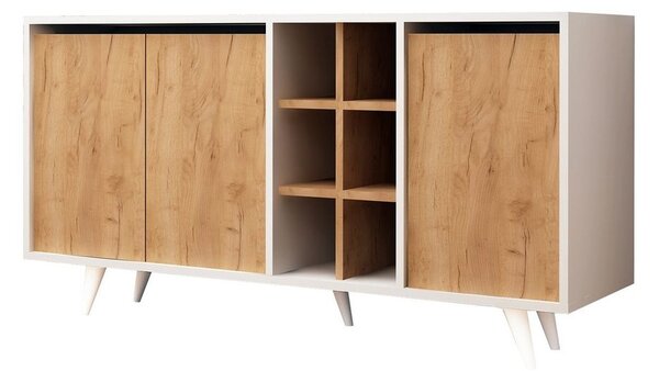 Komód, 140 cm, 3 ajtós polcokkal tölgy/fehér - RHONE