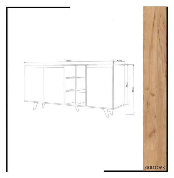 Komód, 140 cm, 3 ajtós polcokkal tölgy/fehér - AMOUR