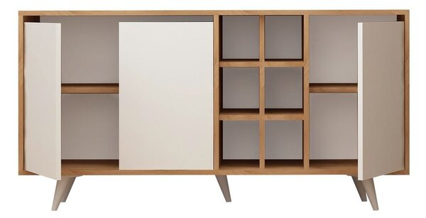 Komód, 140 cm, 3 ajtós polcokkal tölgy/fehér - AMOUR