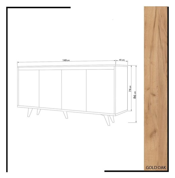 Komód, 140 cm, 4 ajtós tölgy/fehér - RHONE
