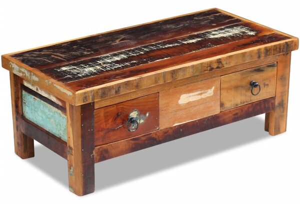 Tömör újrahasznosított fa fiókos dohányzóasztal 90 x 45 x 35 cm