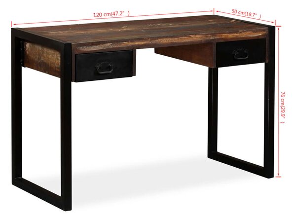 Tömör újrahasznosított fa íróasztal 2 fiókkal 120 x 50 x 76 cm