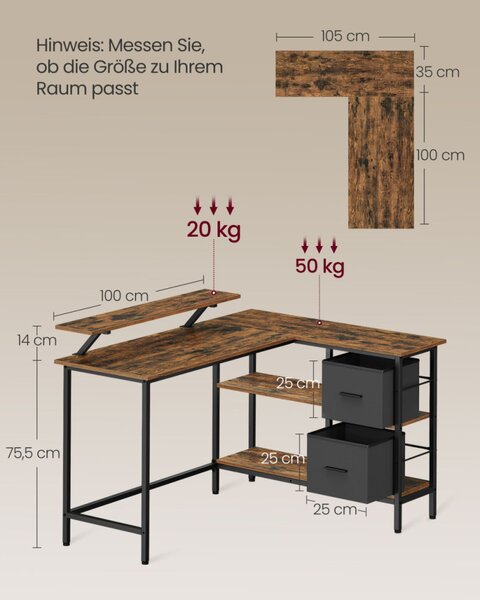 VASAGLE L-alakú sarok íróasztal 2 fiókkal és monitortartóval rusztikus barna