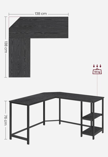 VASAGLE L-alakú sarokíróasztal 138 x 138 x 76 cm gaming asztal 2 tárolópolccal fekete famintás