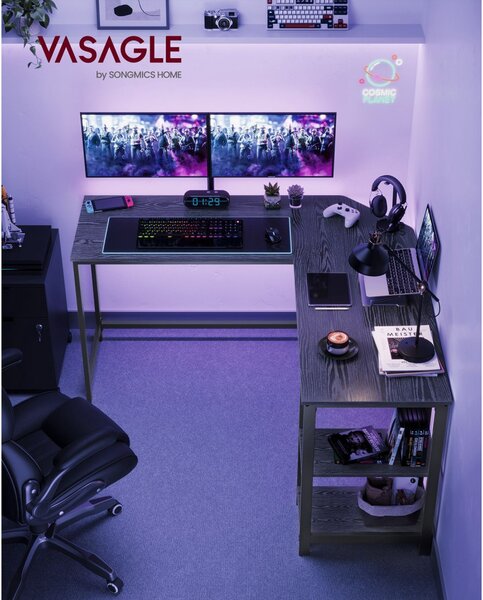 VASAGLE L-alakú sarokíróasztal 138 x 138 x 76 cm gaming asztal 2 tárolópolccal fekete famintás