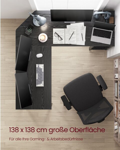 VASAGLE L-alakú sarokíróasztal 138 x 138 x 76 cm gaming asztal 2 tárolópolccal fekete famintás