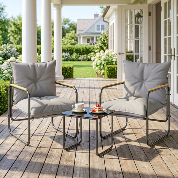 Outsunny 3 darabos bisztrógarnitúra, fém kerti szett 2 textil székkel, üvegasztal, vastag párnák, dekoratív karfák, kerti bútor szett teraszra vagy erkélyre, sötétszürke