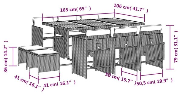VidaXL 11 darabos kerti bútorgarnitúra párnákkal, szürke PE rattan