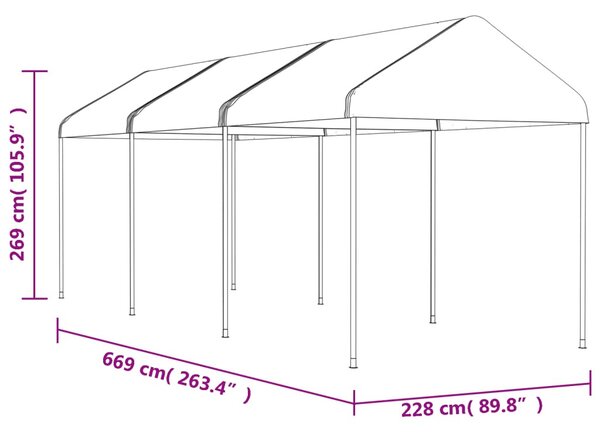 Fehér polietilén pavilon tetővel 6,69 x 2,28 x 2,69 m