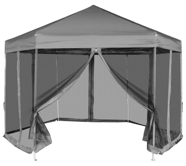 Szürke hatszögletű felugró pavilon 6 oldalfallal 3,6 x 3,1 m