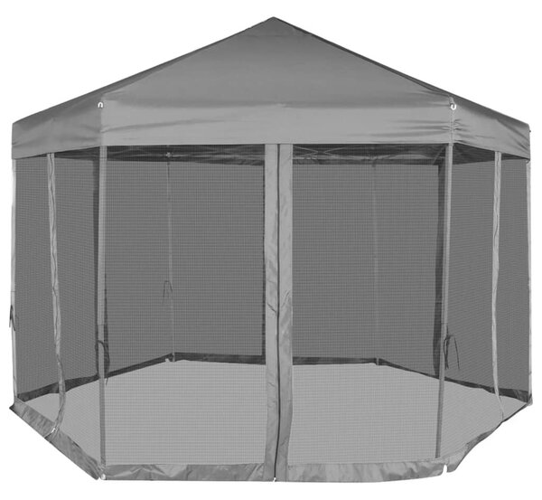 Szürke hatszögletű felugró pavilon 6 oldalfallal 3,6 x 3,1 m