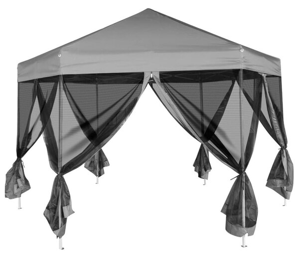 Szürke hatszögletű felugró pavilon 6 oldalfallal 3,6 x 3,1 m