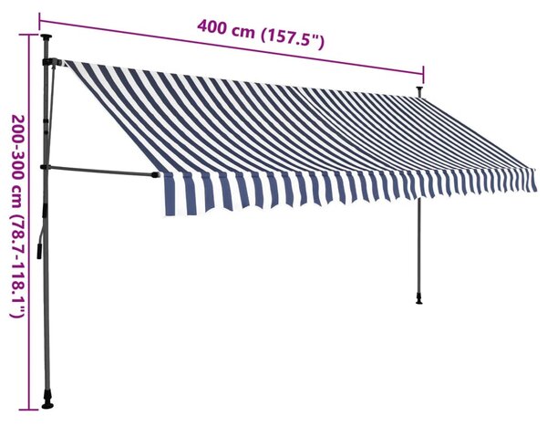 Kék és fehér kézzel kihúzható LED-es napellenző 400 cm