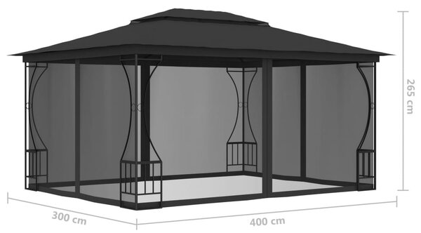 Antracitszürke pavilon hálóval 300 x 400 x 265 cm