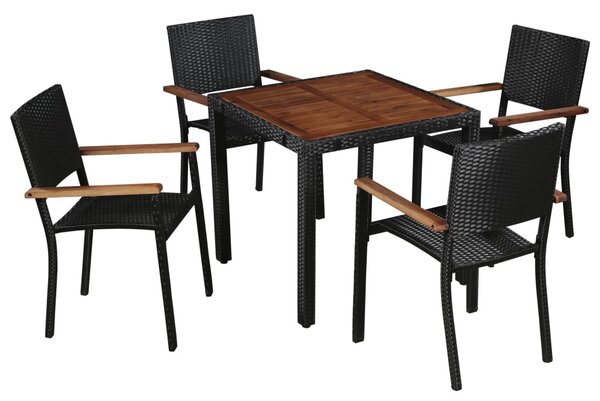 5 darabos fekete kültéri polyrattan és akácfa étkezőszett