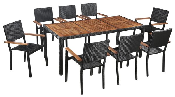 9 darabos fekete kültéri polyrattan és akácfa étkezőszett