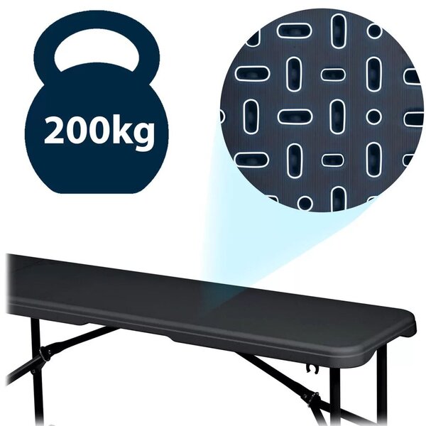 Sörpad szett, Plonos, fekete, 180 cm, acél keret, HDPE műanyag felület, összecsukható, 3 db, asztal és 2 pad