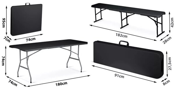 Sörpad szett, Plonos, fekete, 180 cm, acél keret, HDPE műanyag felület, összecsukható, 3 db, asztal és 2 pad