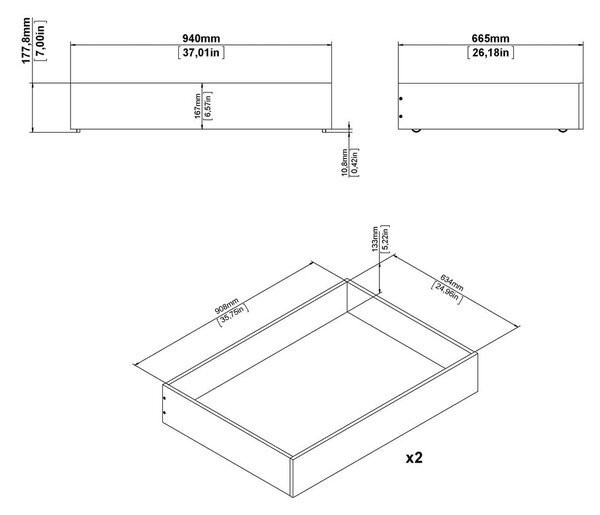 Fehér ágy alatti fiók szett 2 db-os 90x190-140x190 cm Naia – Tvilum