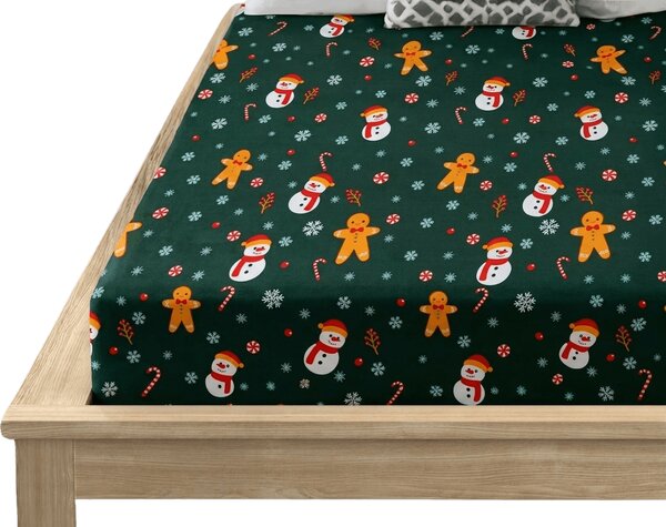 SNOWMAN AND GINGERBREAD 90x200 cm zöld mikroszálas lepedő