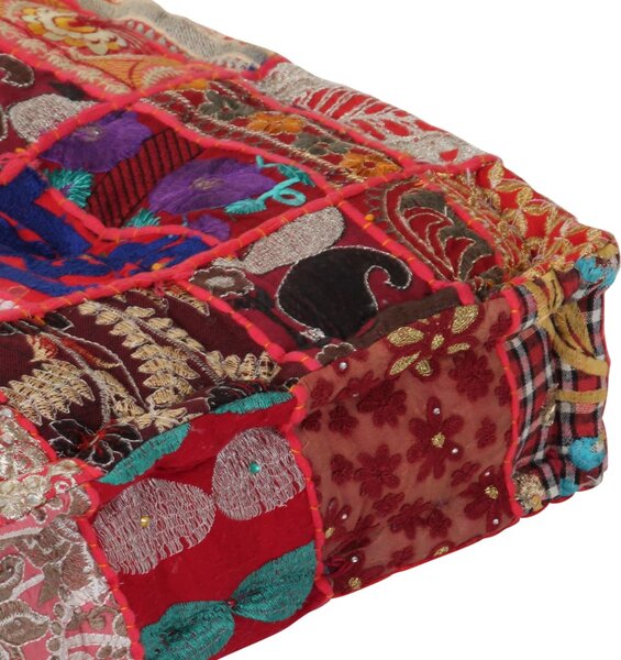 Kézzel készült piros pamut patchwork kocka puff 50x50x12 cm