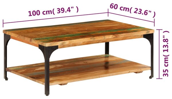 Tömör újrahasznosított fa dohányzóasztal polccal 100x60x35 cm