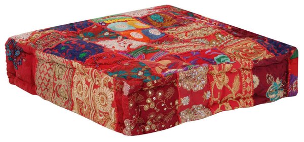 Kézzel készült piros pamut patchwork kocka puff 50x50x12 cm