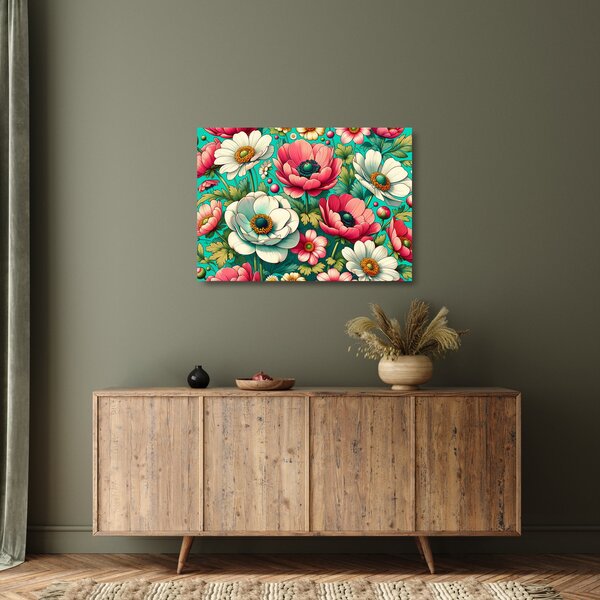 Üveg kép - Virágok kék háttéren (70x50 cm)