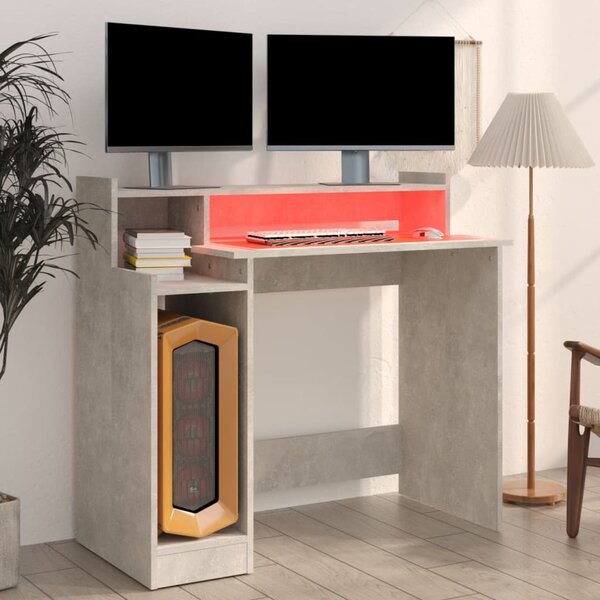 Betonszürke szerelt fa íróasztal LED-ekkel 97 x 45 x 90 cm