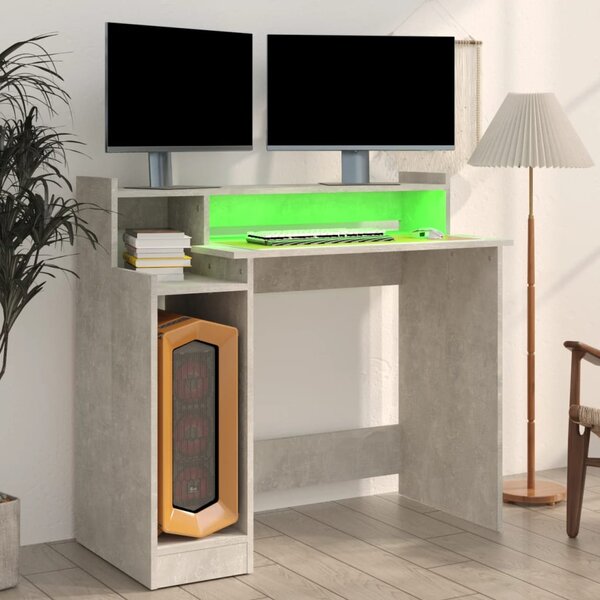 Betonszürke szerelt fa íróasztal LED-ekkel 97 x 45 x 90 cm