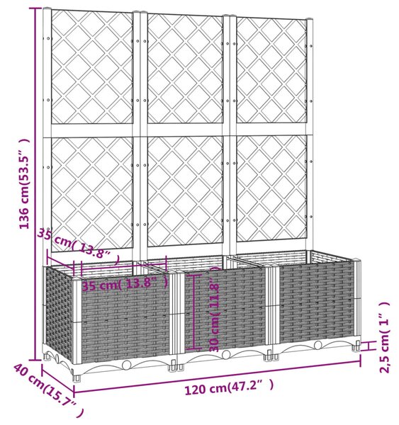 Világosszürke PP rácsos kerti ültetőláda 120 x 40 x 136 cm