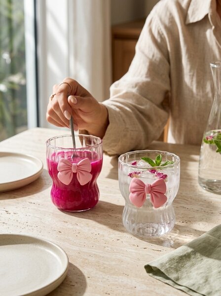 Sinsay - Bordázott poharak masni formájú applikációval 2 db - pasztellpink