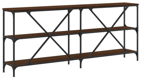 Barna tölgyszínű szerelt fa és vas konzolasztal 180x30x75 cm