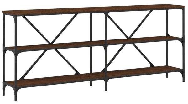 Barna tölgyszínű szerelt fa és vas konzolasztal 180x30x75 cm