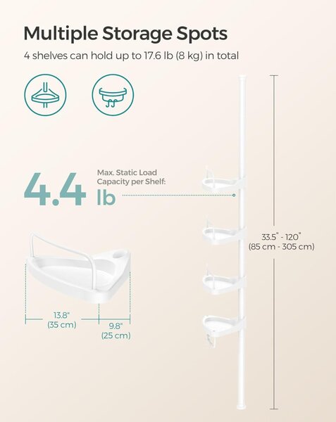 Fürdőszoba sarokpolc állítható, fehér 85-305cm